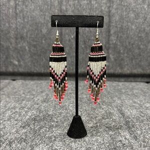 Black and Pink Chandelier Earrings with Beaded Fringe